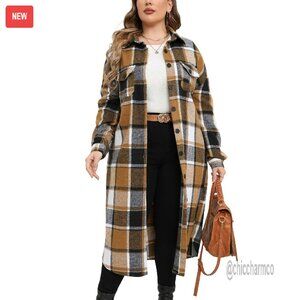 Plus Size Long Flannel Shacket Jacket Oversized Button Down with Pockets